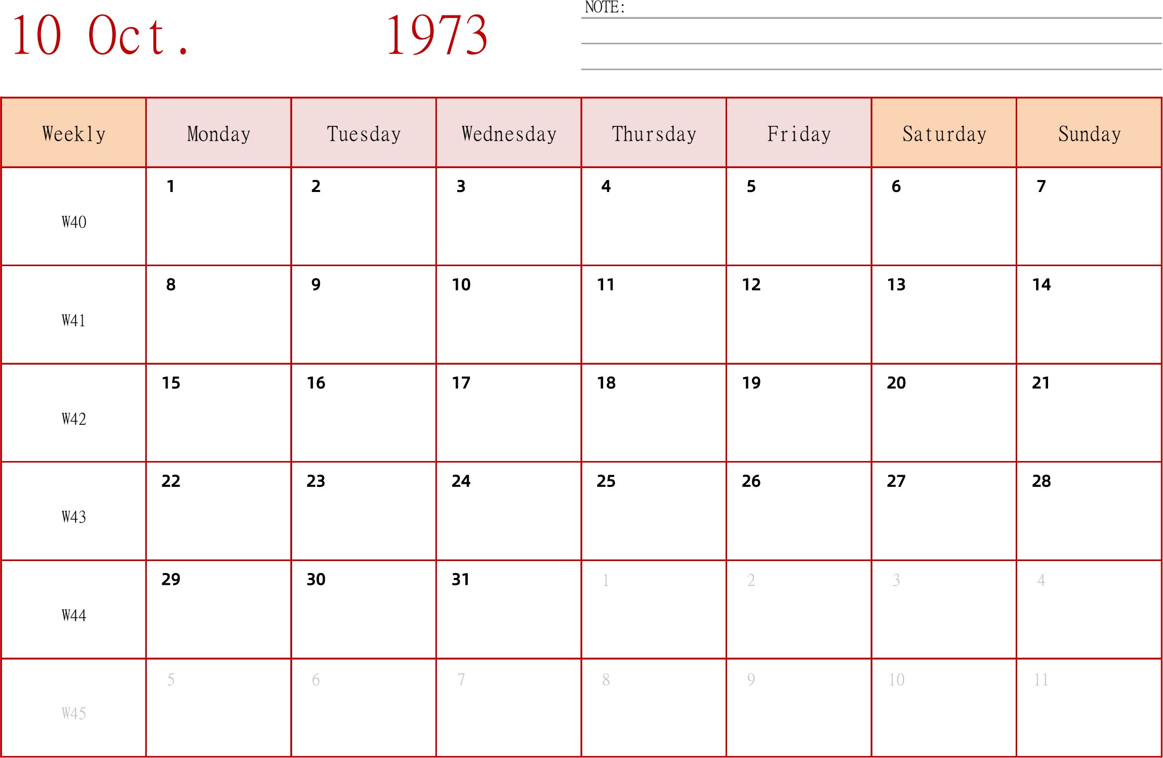 日历表1973年日历 英文版 横向排版 周一开始 带周数